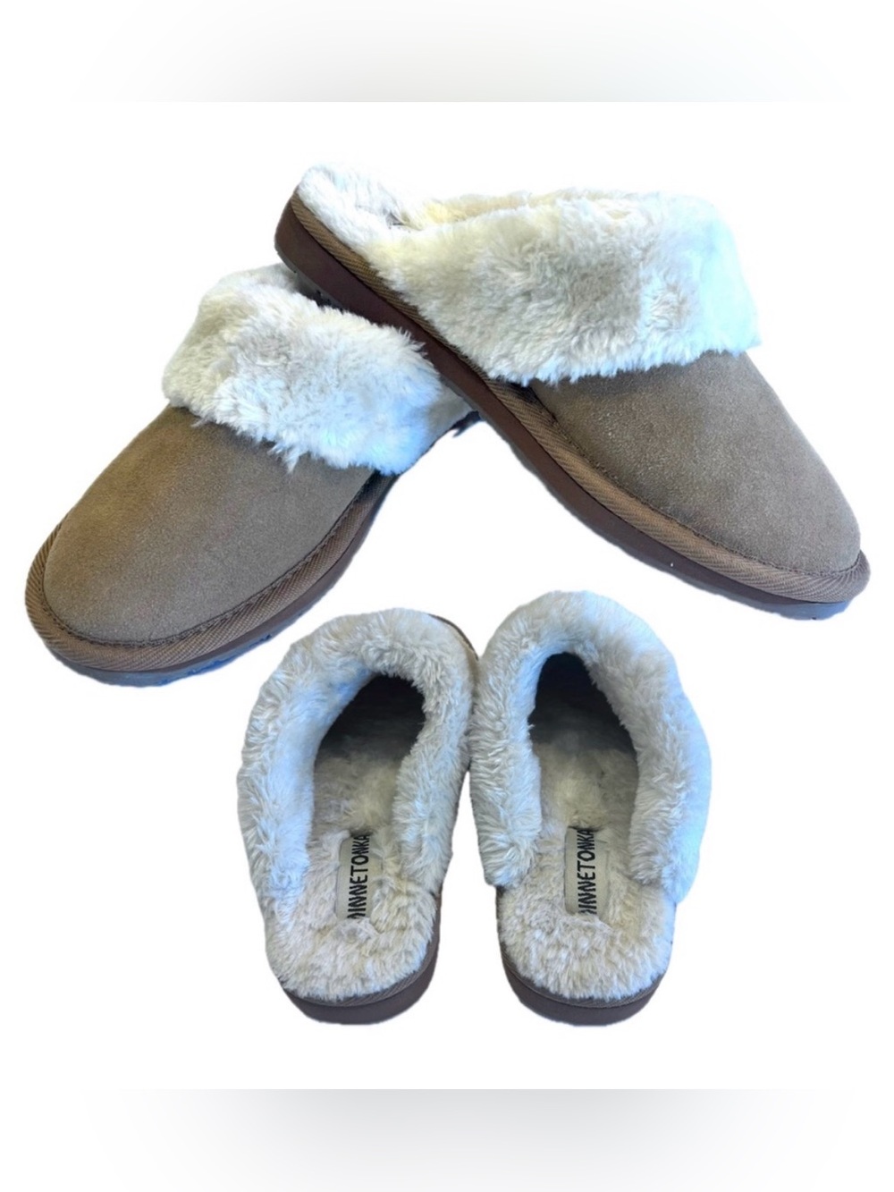 Minnetonka Cozy Tan Leather Slippers Plush White Faux Lining Sz 9
